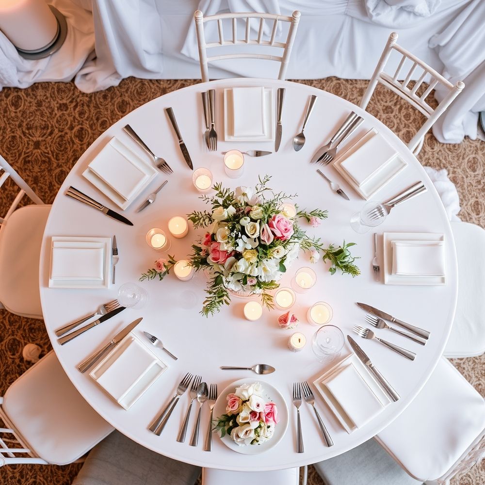 Round wedding dining table with flowers, candles, and cutlery