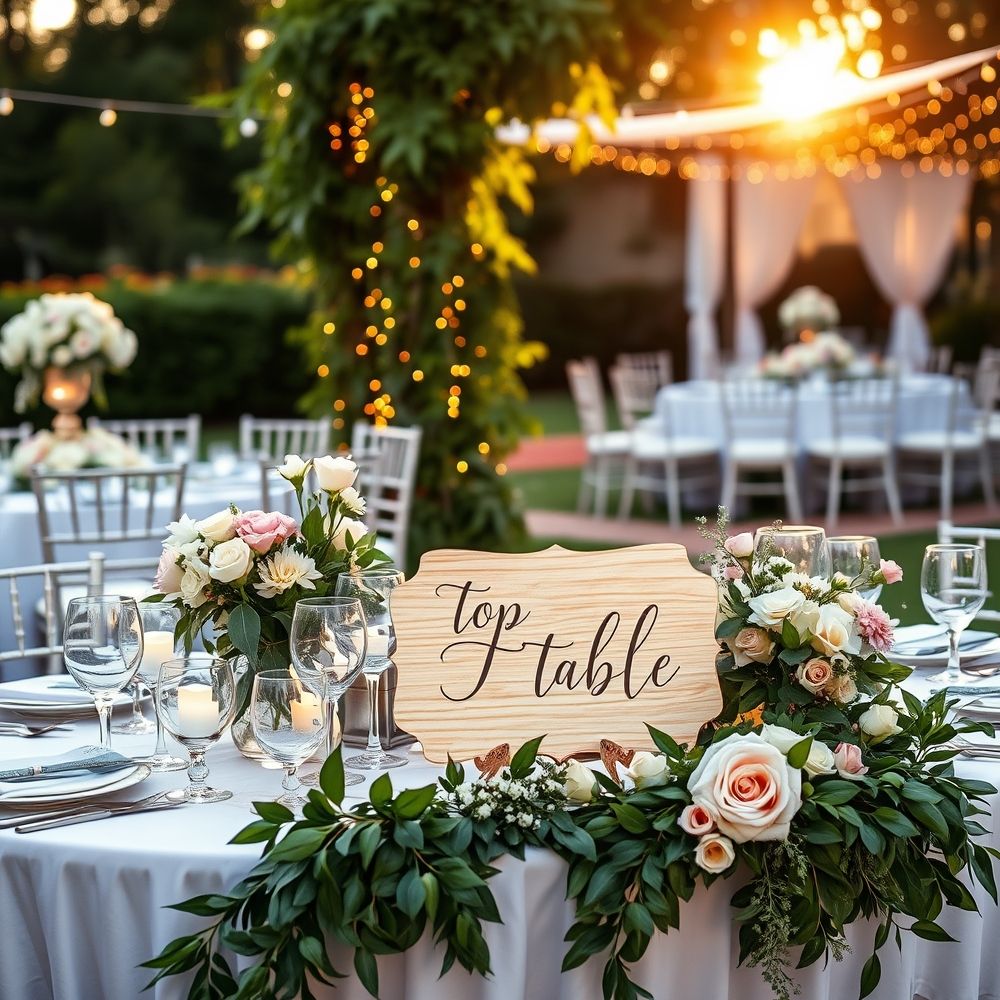 Elegant floral-decorated top table at outdoor wedding
