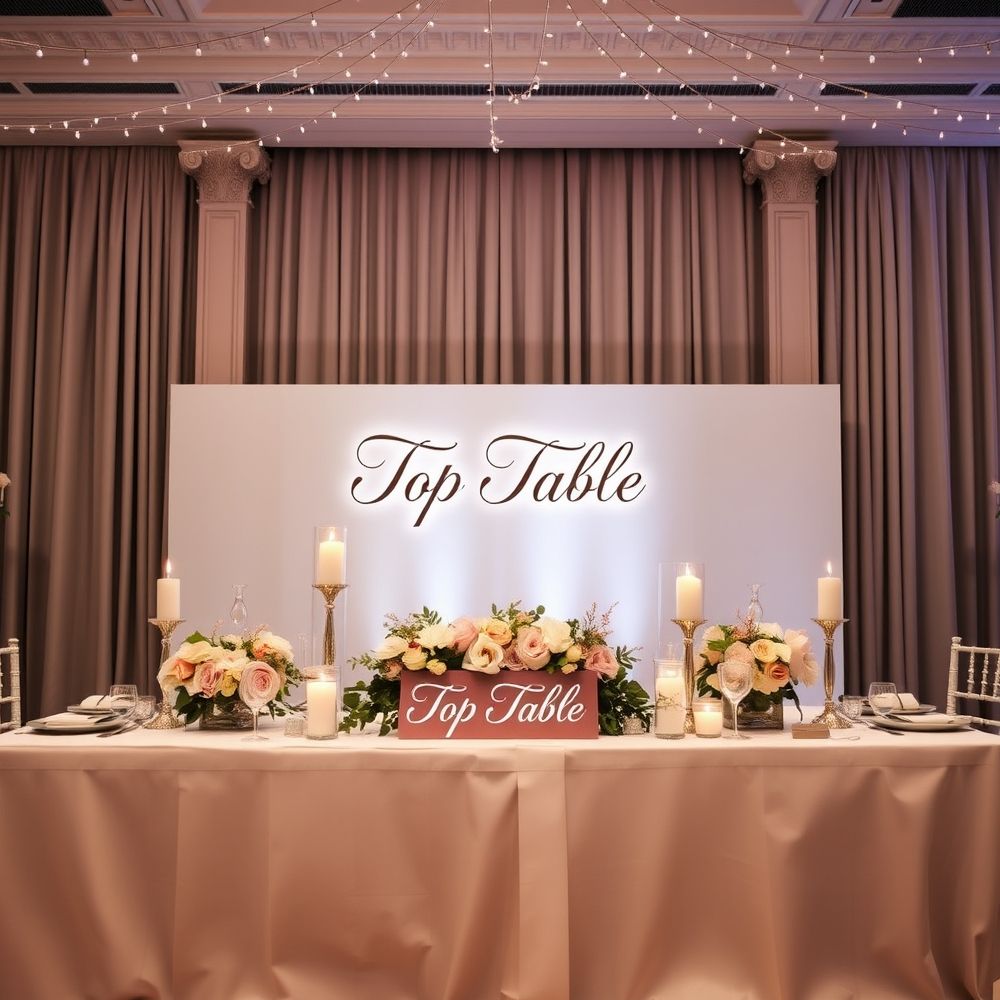 Elegant wedding top table with sign, flowers and candles