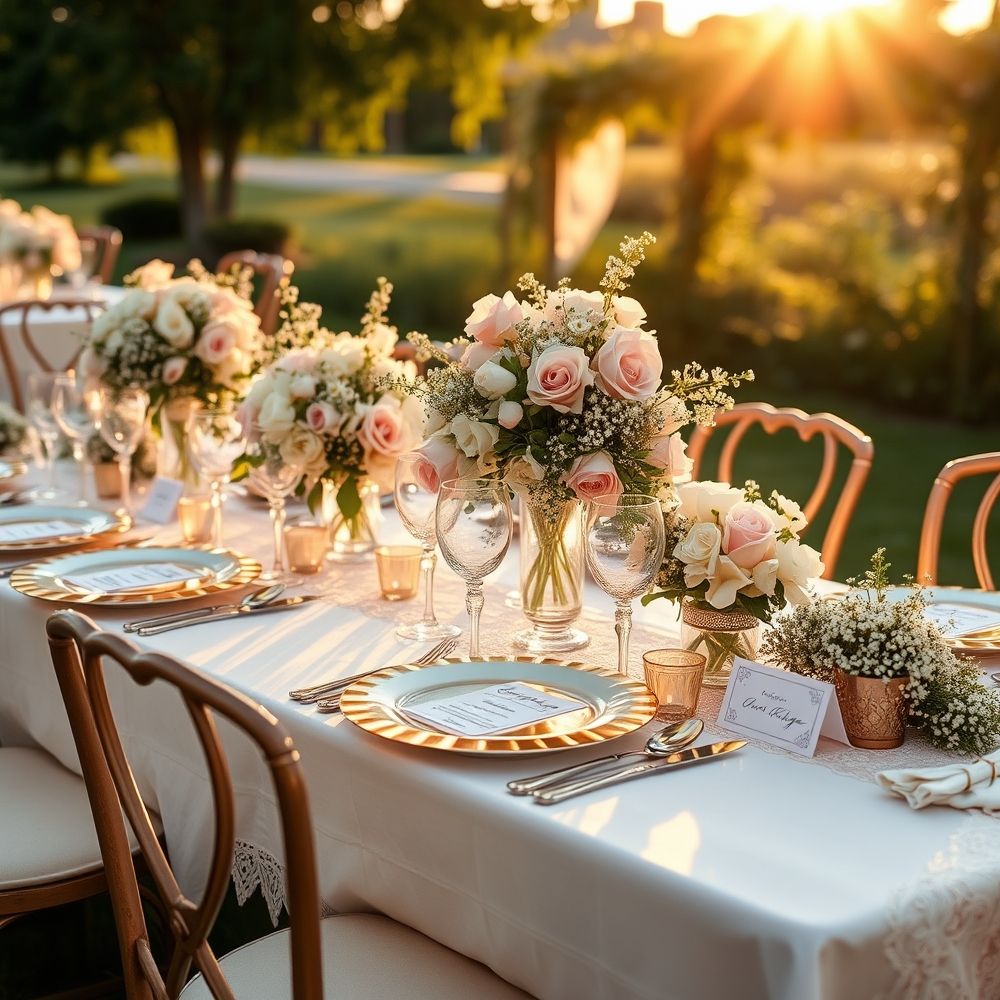 Elegant outdoor wedding table setting with roses.