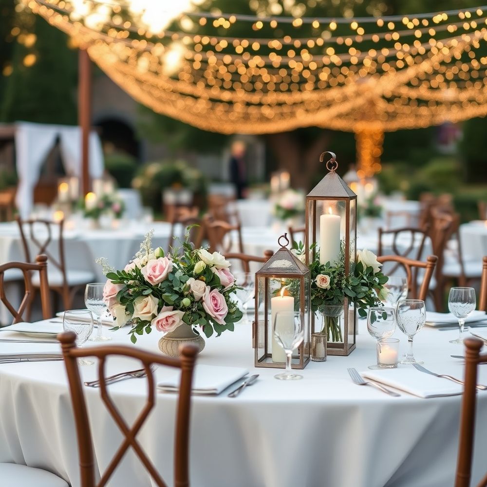 Elegant outdoor table setting for a wedding with flowers and candles