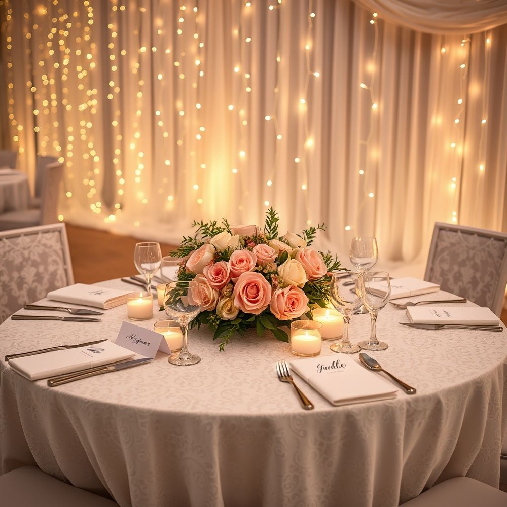Wedding elegant round table with roses and candles