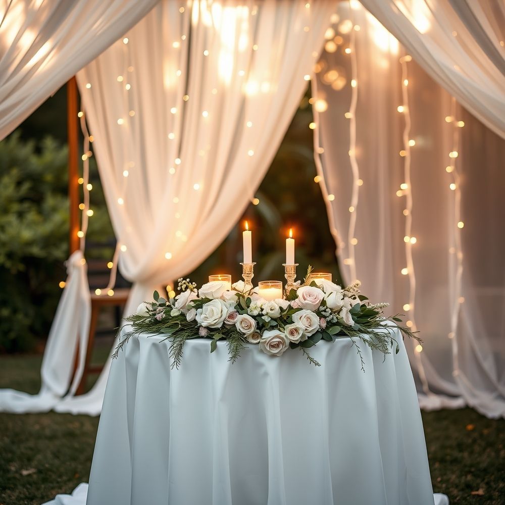 Romantic table with candles and rose centerpiece for a wedding