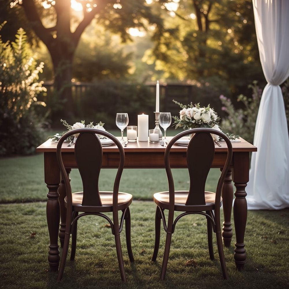 Romantic outdoor dining table with candles and flowers, for a wedding