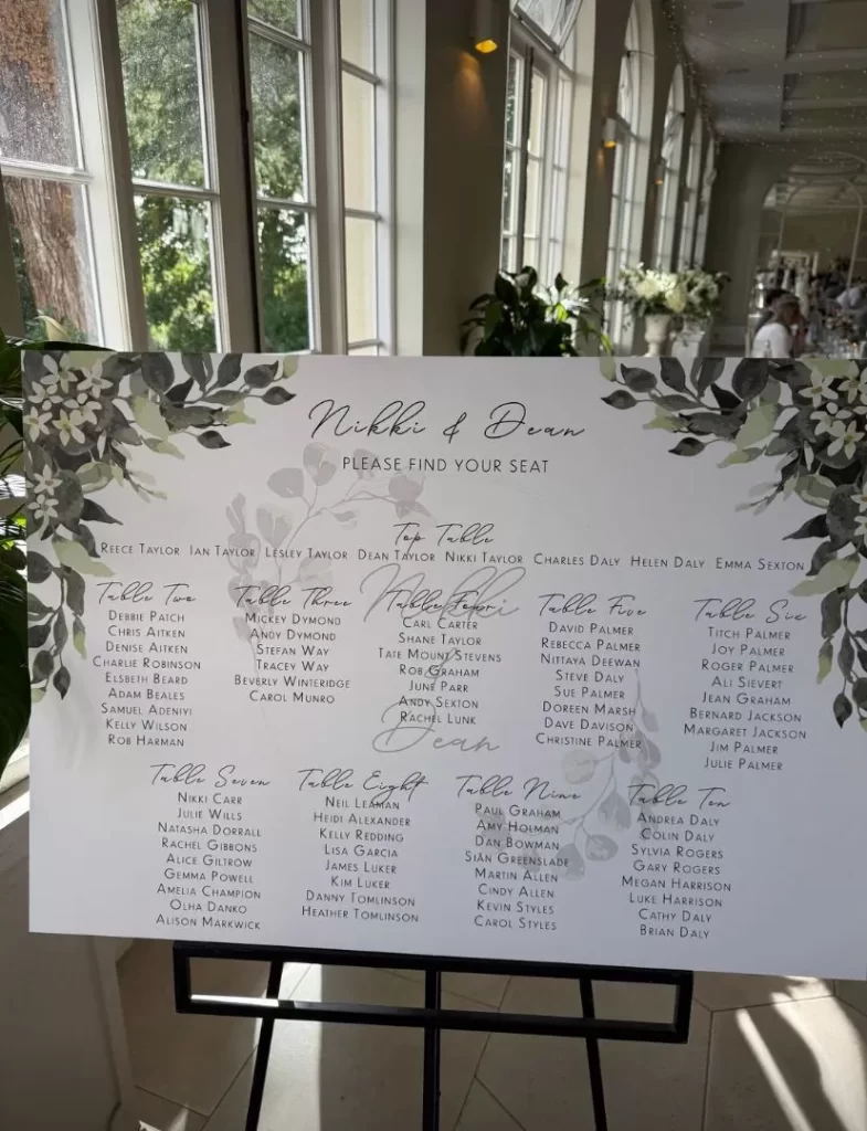 Wedding seating plan for Nikki and Dean's Wedding