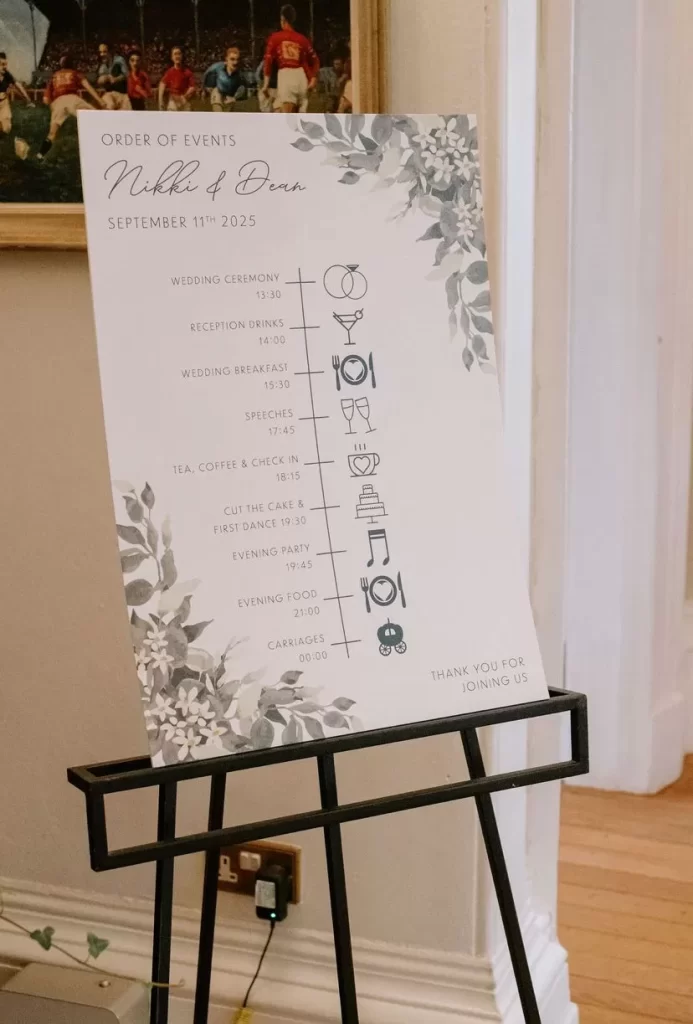 Wedding timeline sign for Nikki and Dean's Wedding